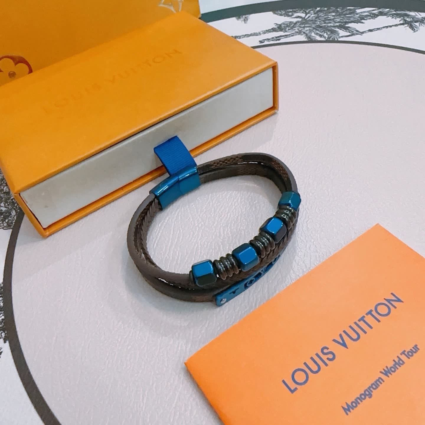 Louis Vuitton Brown Leather and Blue Bead Bracelet